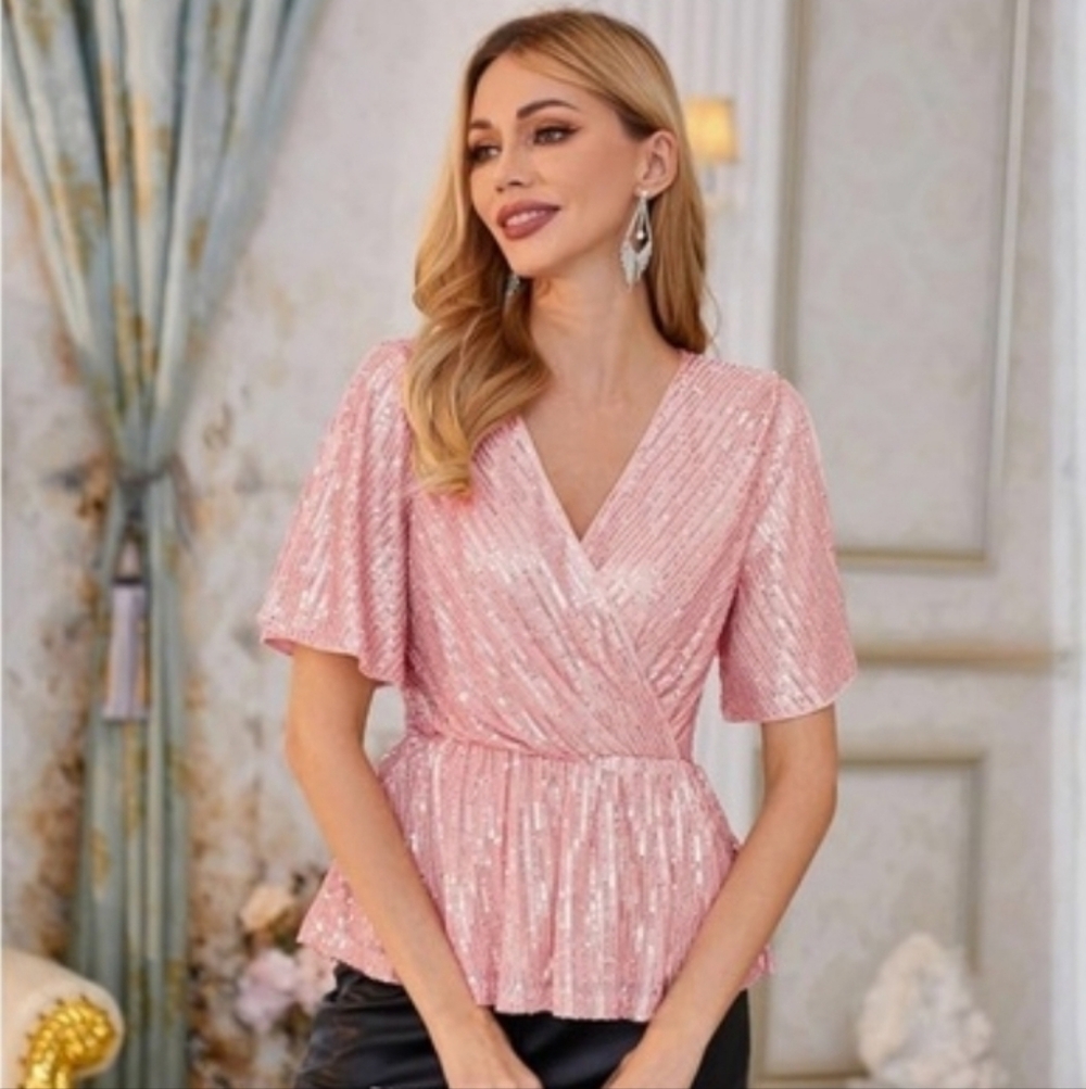 Grace Karin Pink Sequin Sparkle Wrap Blouse Size 2X